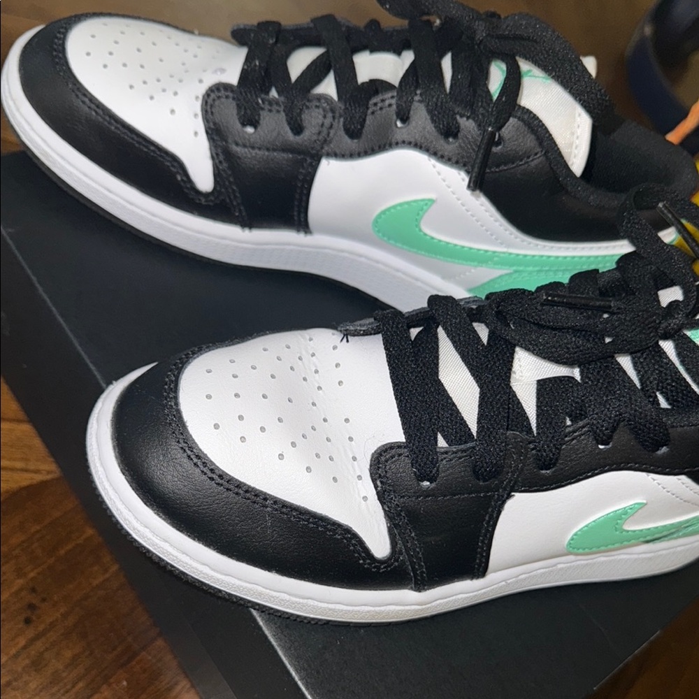 Black and White Sneakers with Mint Green Swoosh